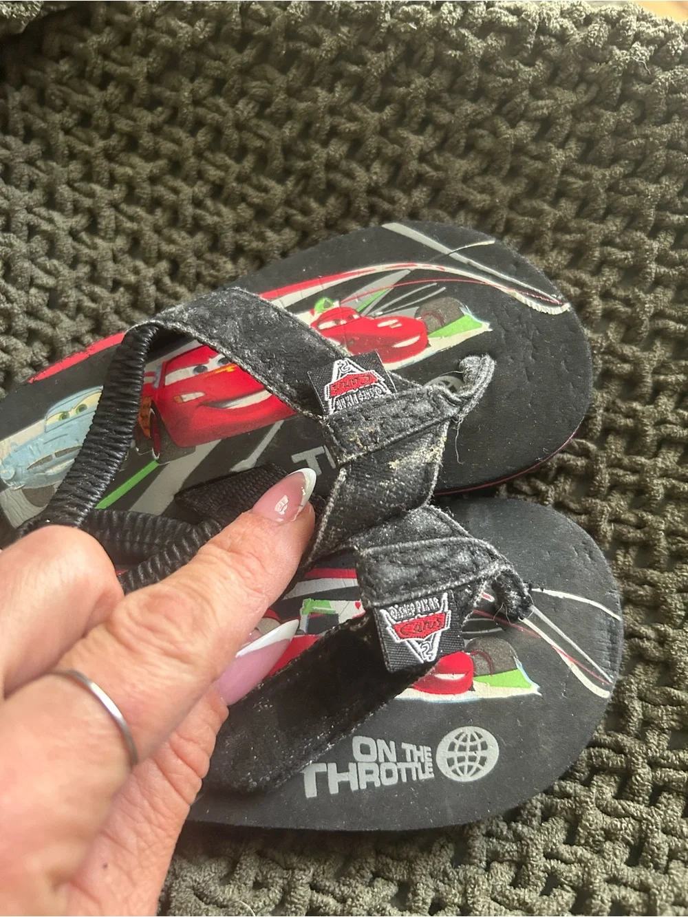 Kids' Black Flip Flop Sandals with Red & Blue Race Car Print